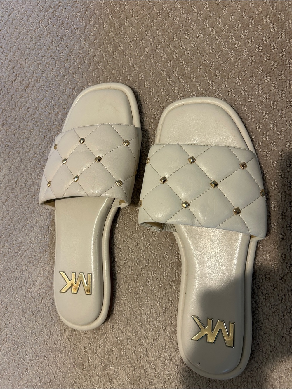 Michael Kors Cream Quilted Slide Sandals with Gold Studs